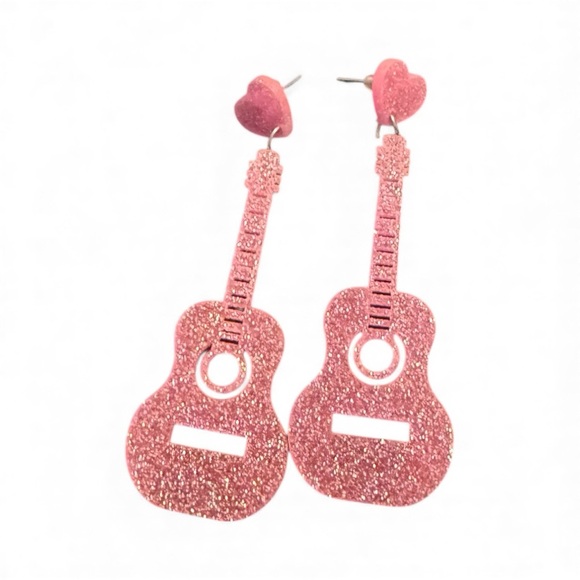 Pink Glitter Guitar Dangle Earrings - Picture 1 of 4